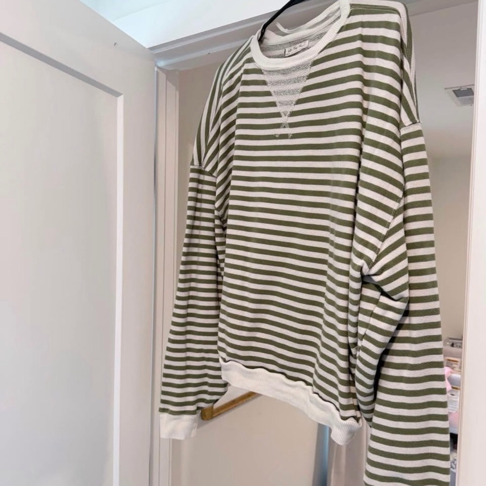 Free People Green and White Striped Crewneck Sweater